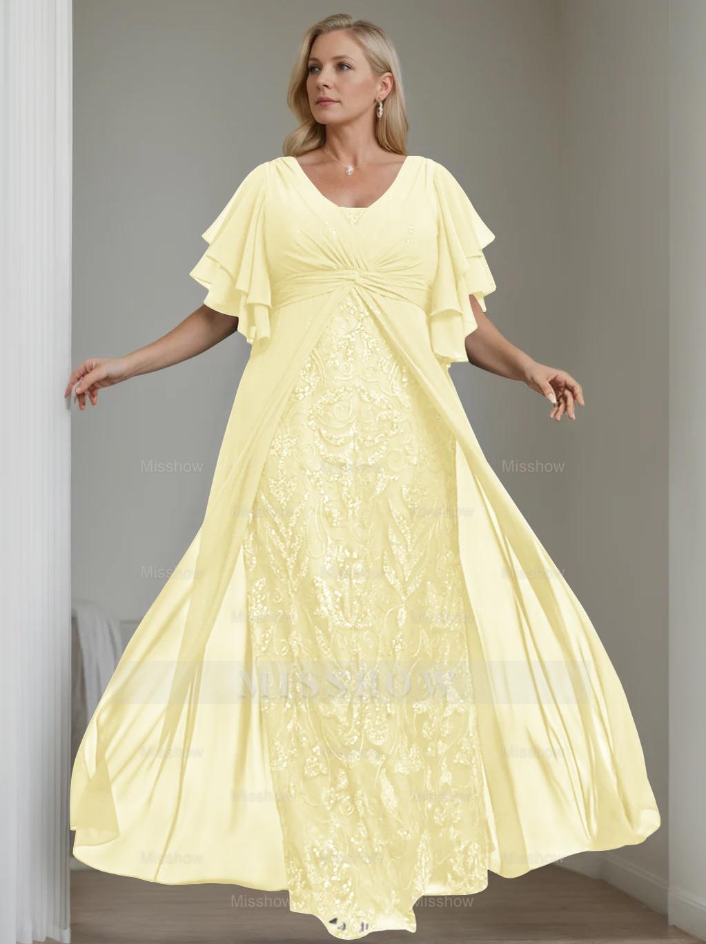 Plus Size Floor-Length Mother of the Bride A-Line Dress with V-Neck and Half Sleeves