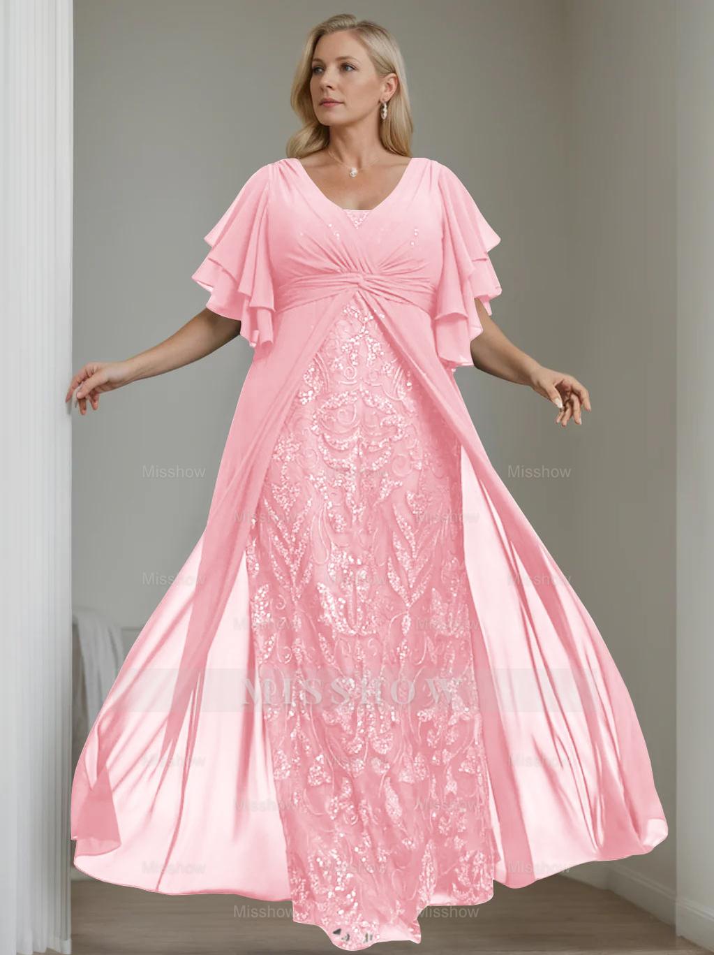 Plus Size Floor-Length Mother of the Bride A-Line Dress with V-Neck and Half Sleeves