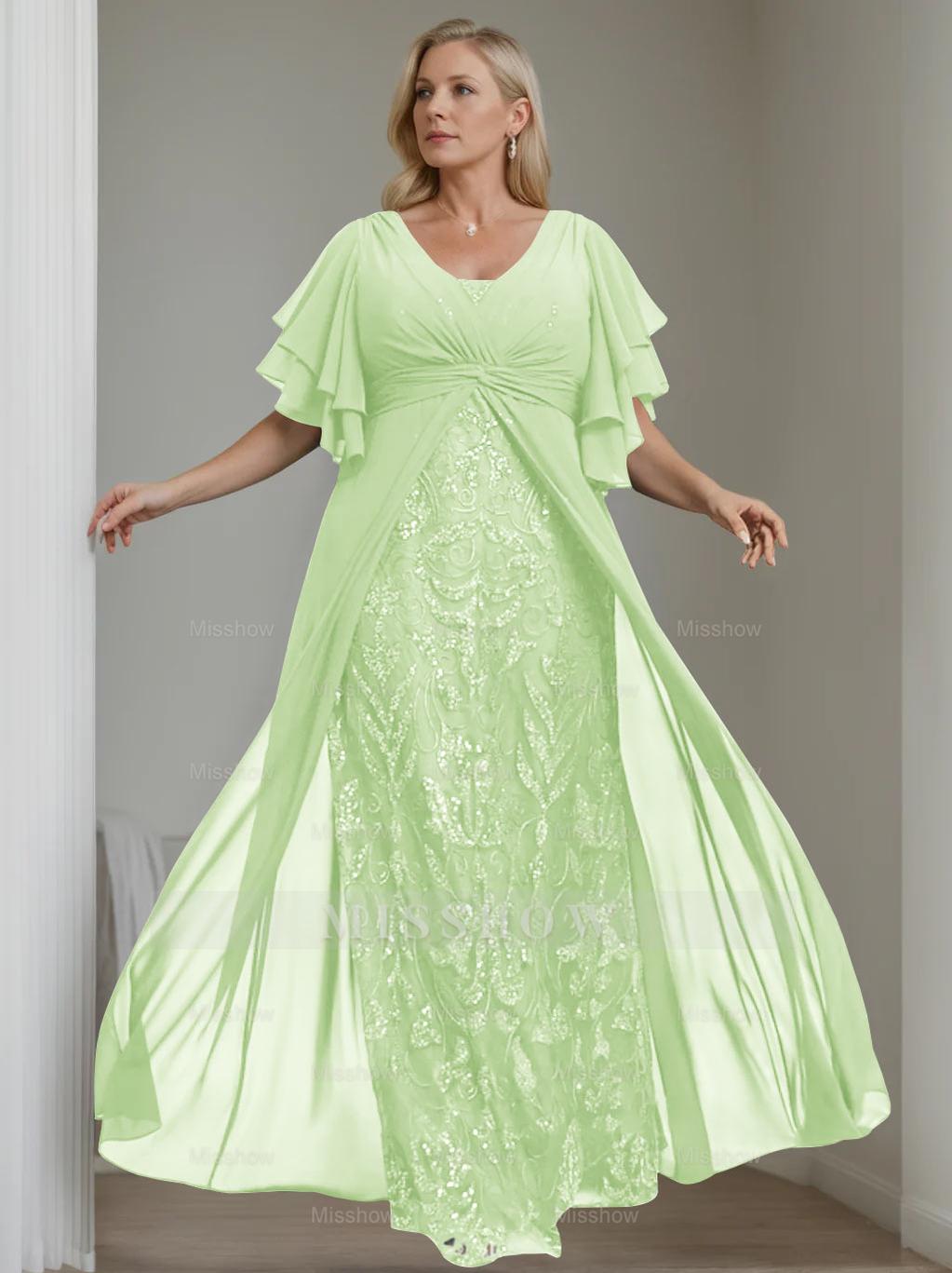 Plus Size Floor-Length Mother of the Bride A-Line Dress with V-Neck and Half Sleeves