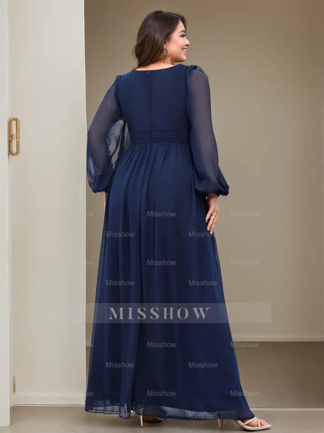 Plus Size Floor-Length Mother of the Bride A-Line Dress with V-Neck and Ruffled Long Sleeves
