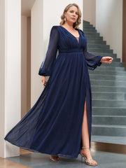 Plus Size Floor-Length Mother of the Bride A-Line Dress with V-Neck and Ruffled Long Sleeves