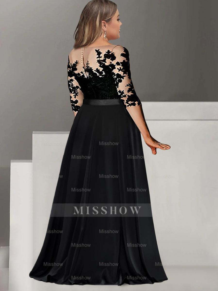 Plus Size Floor-Length Mother of the Bride & Groom A-Line Dress with Jewel Neck and 3/4 Sleeves