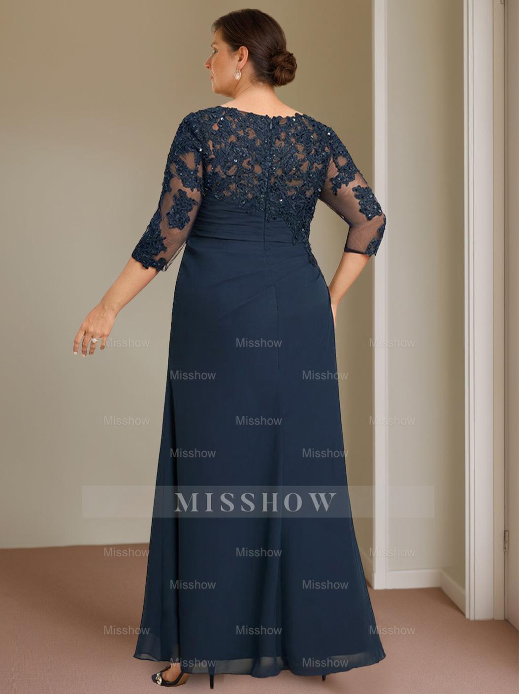 Plus Size Floor-Length Scoop Neck Sheath Dress with Ruffles for the Mother of the Bride
