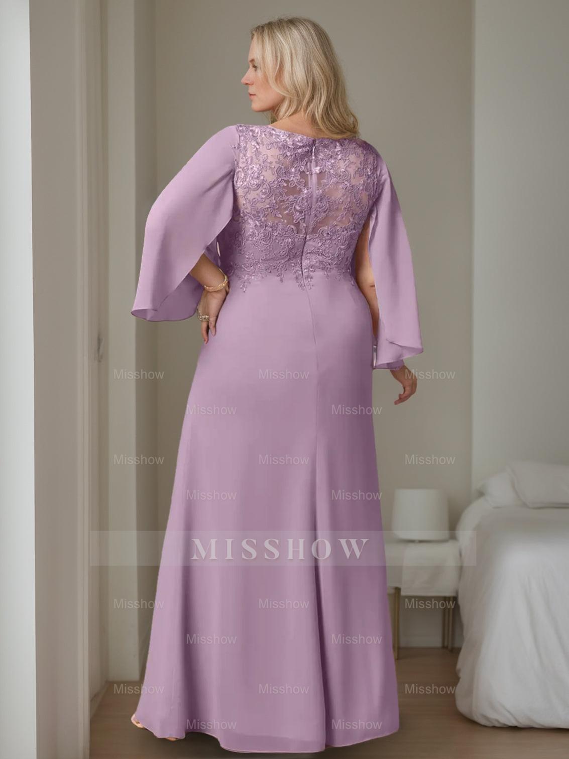 Plus Size Floor-Length V-Neck A-Line Mother of the Bride Dress with Ruffles and Long Sleeves