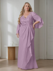 Plus Size Floor-Length V-Neck A-Line Mother of the Bride Dress with Ruffles and Long Sleeves