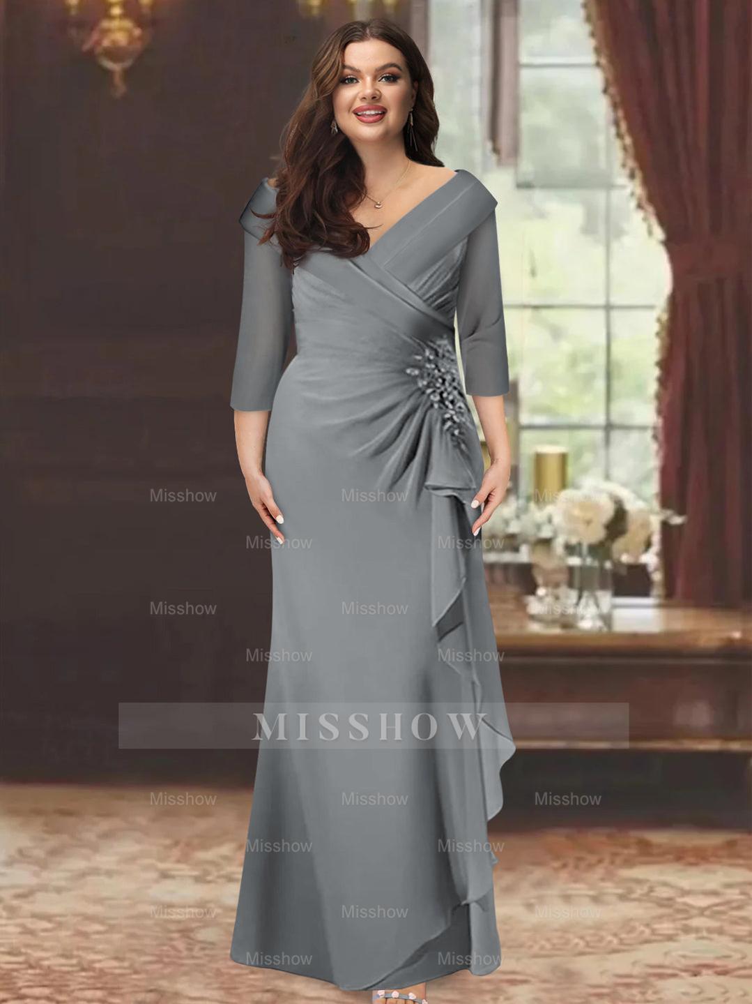Plus Size Floor-Length V-Neck Sheath Mother of the Bride Dress with Ruffles and Appliques