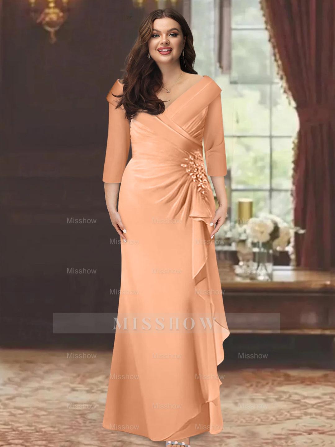 Plus Size Floor-Length V-Neck Sheath Mother of the Bride Dress with Ruffles and Appliques