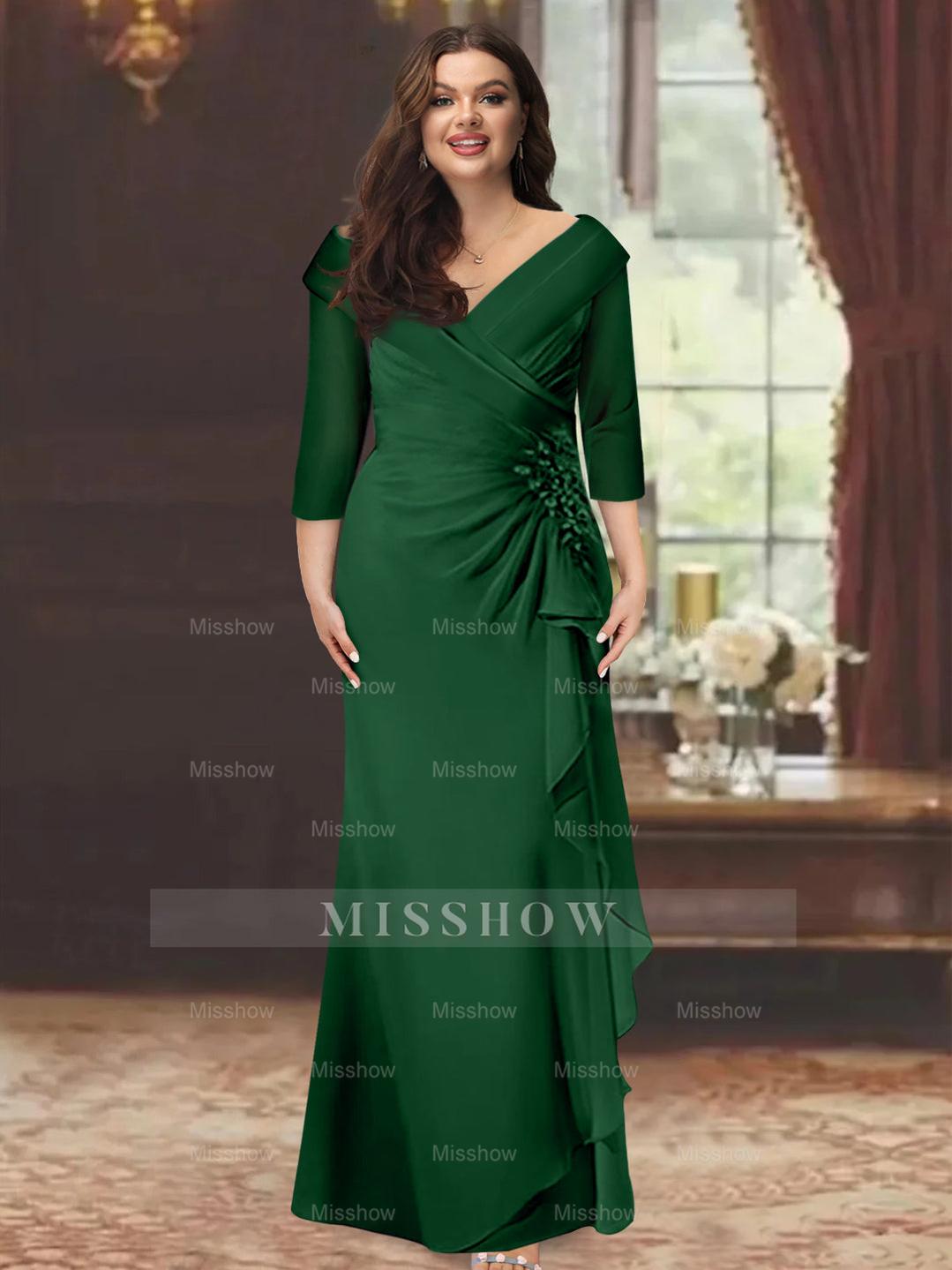 Plus Size Floor-Length V-Neck Sheath Mother of the Bride Dress with Ruffles and Appliques