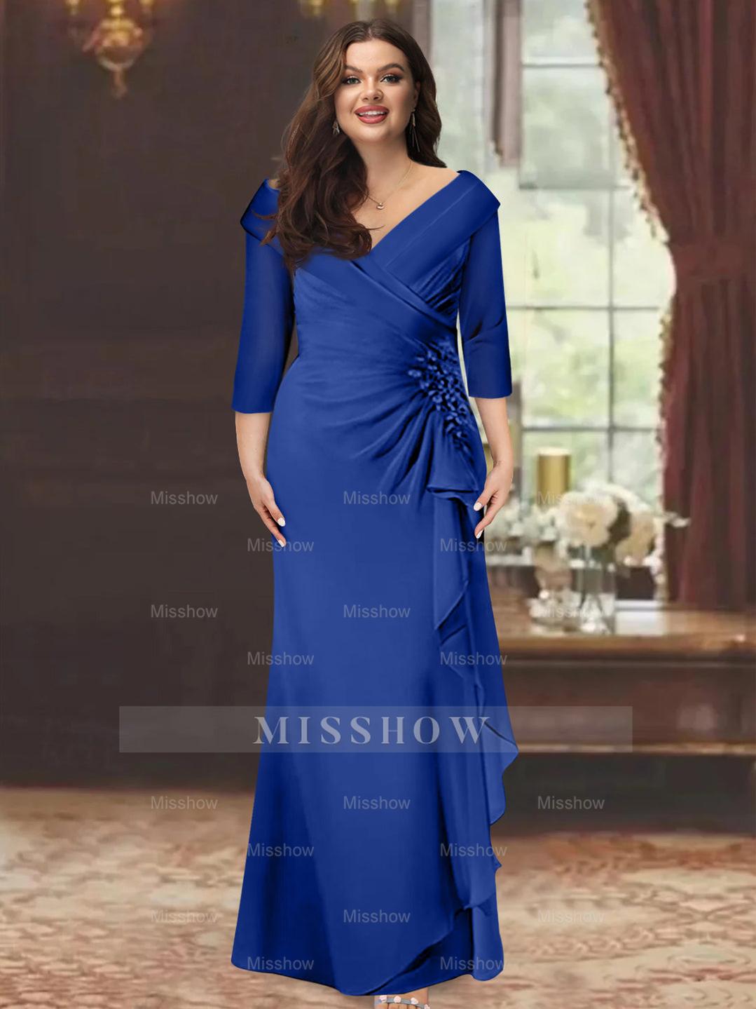 Plus Size Floor-Length V-Neck Sheath Mother of the Bride Dress with Ruffles and Appliques