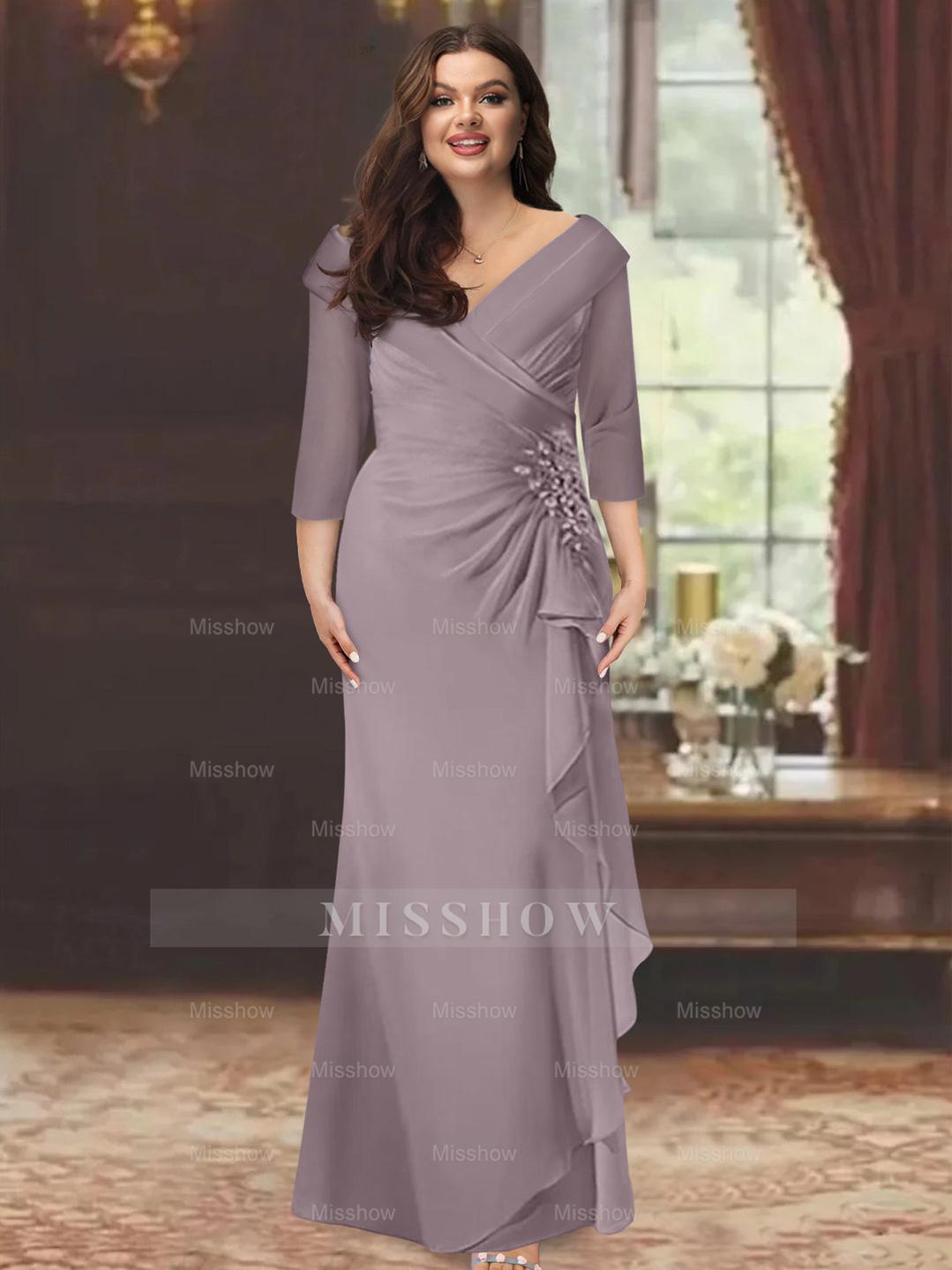 Plus Size Floor-Length V-Neck Sheath Mother of the Bride Dress with Ruffles and Appliques