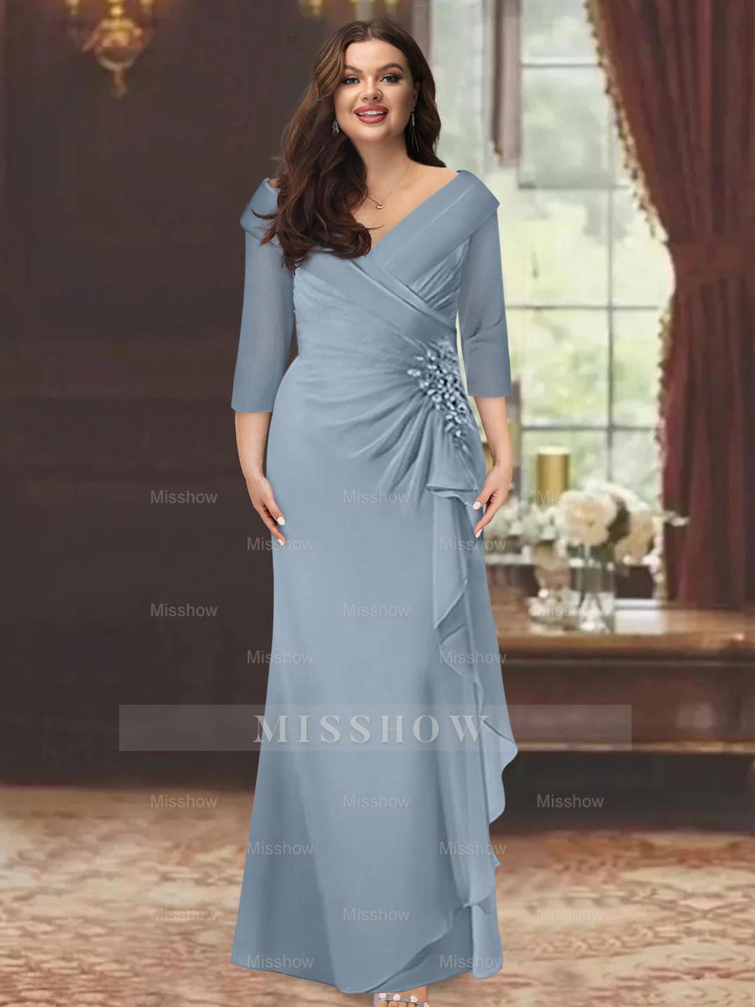 Plus Size Floor-Length V-Neck Sheath Mother of the Bride Dress with Ruffles and Appliques