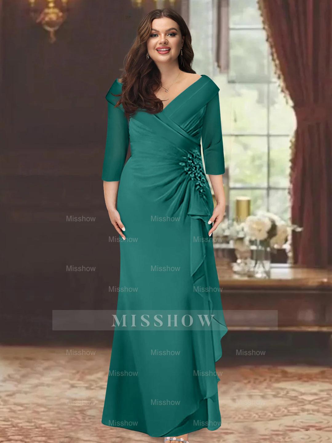 Plus Size Floor-Length V-Neck Sheath Mother of the Bride Dress with Ruffles and Appliques