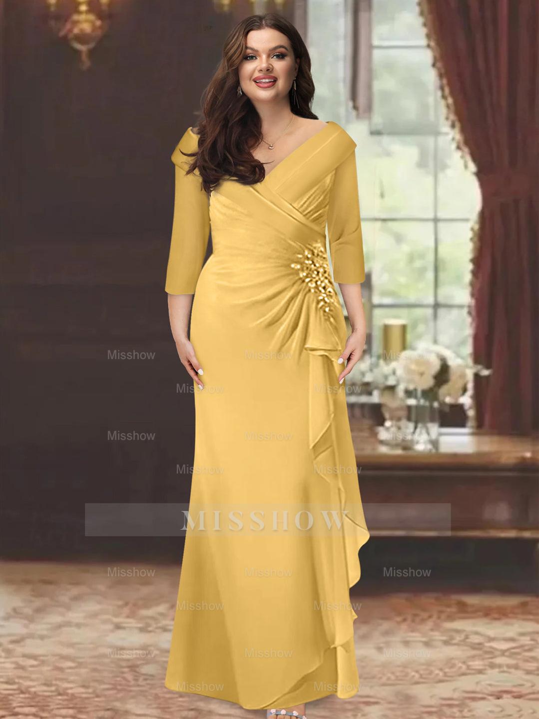 Plus Size Floor-Length V-Neck Sheath Mother of the Bride Dress with Ruffles and Appliques