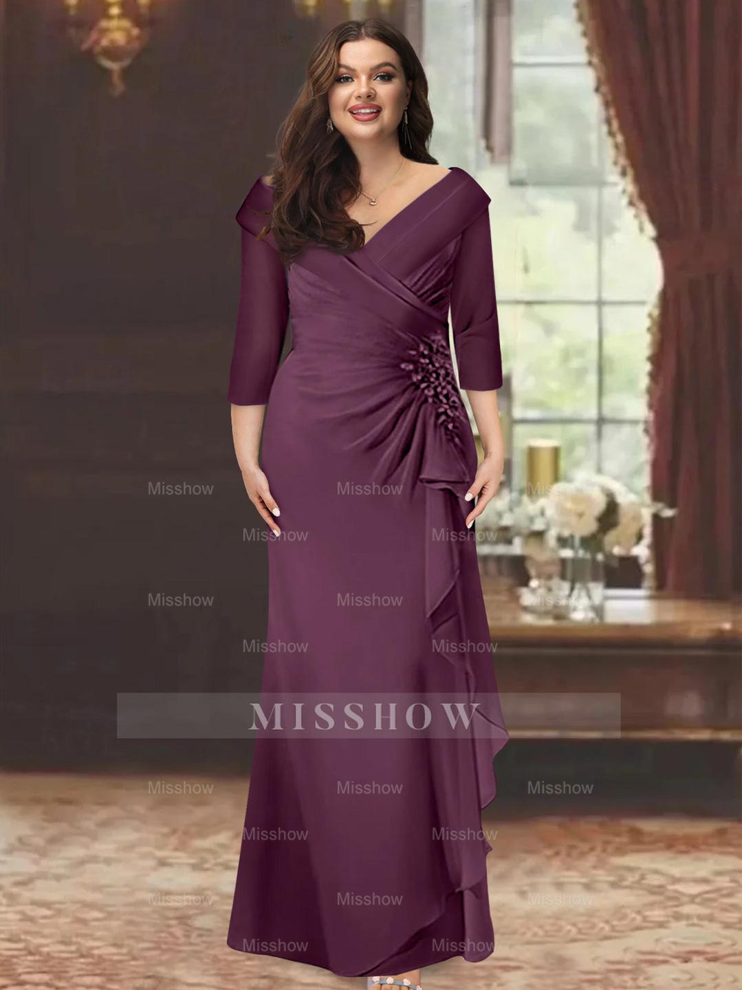 Plus Size Floor-Length V-Neck Sheath Mother of the Bride Dress with Ruffles and Appliques