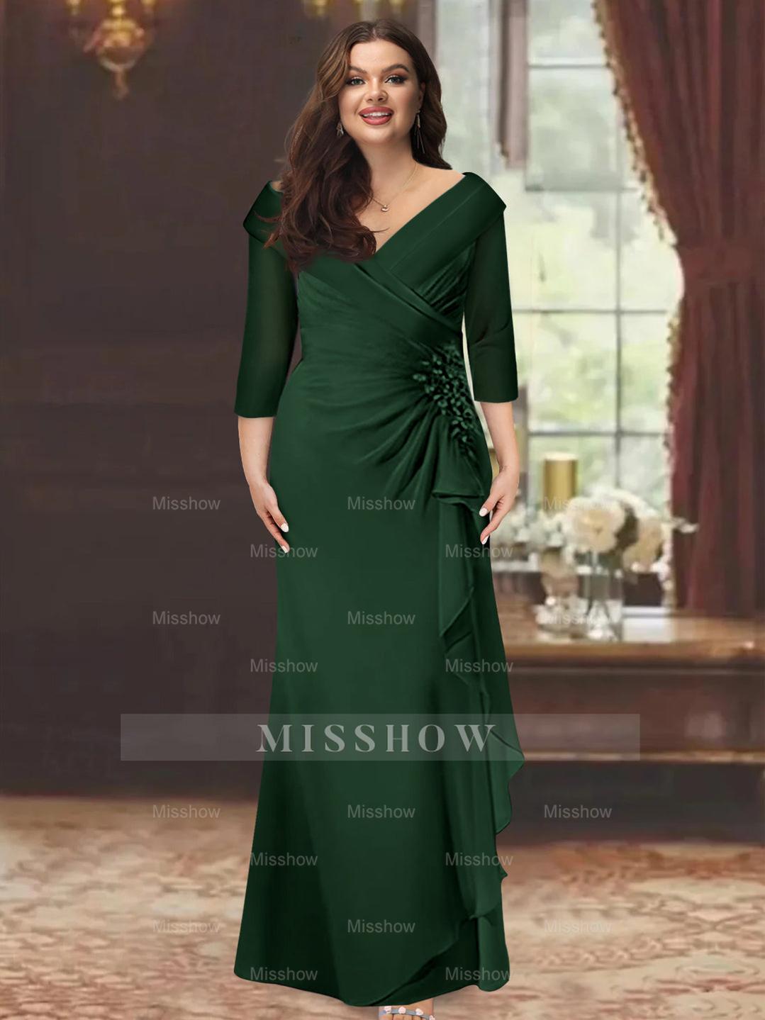 Plus Size Floor-Length V-Neck Sheath Mother of the Bride Dress with Ruffles and Appliques