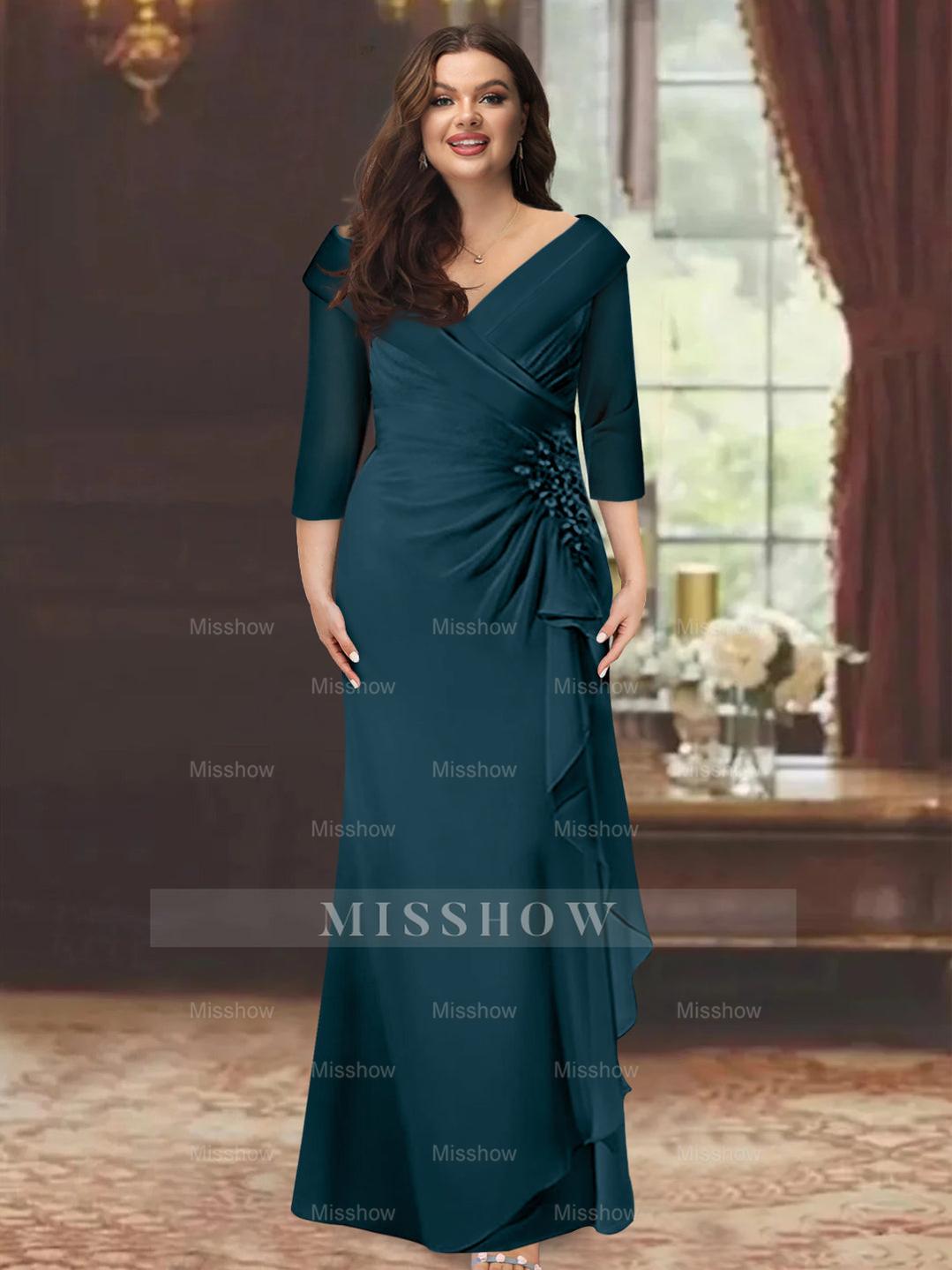 Plus Size Floor-Length V-Neck Sheath Mother of the Bride Dress with Ruffles and Appliques