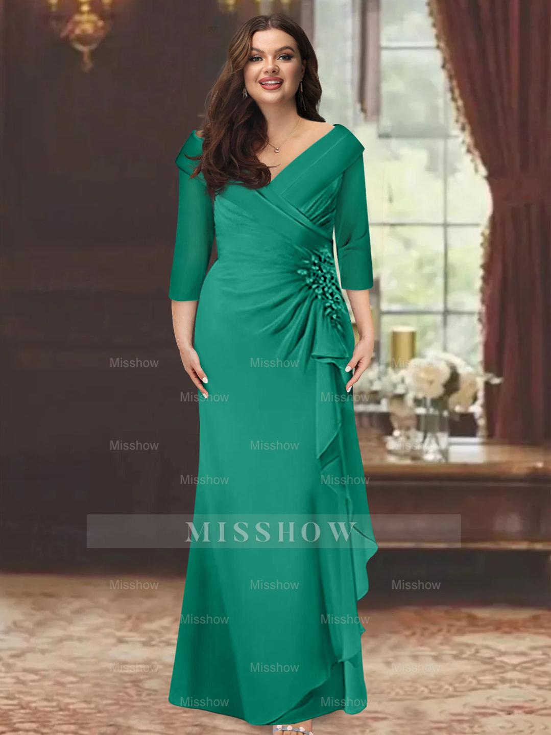 Plus Size Floor-Length V-Neck Sheath Mother of the Bride Dress with Ruffles and Appliques