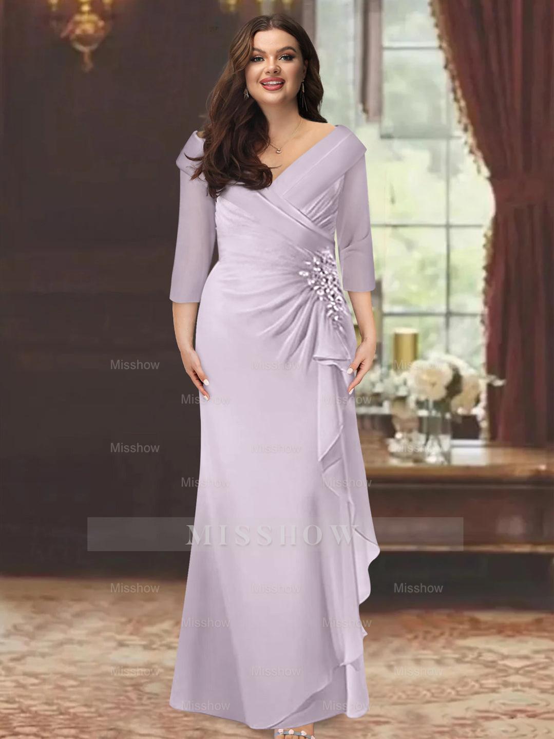 Plus Size Floor-Length V-Neck Sheath Mother of the Bride Dress with Ruffles and Appliques