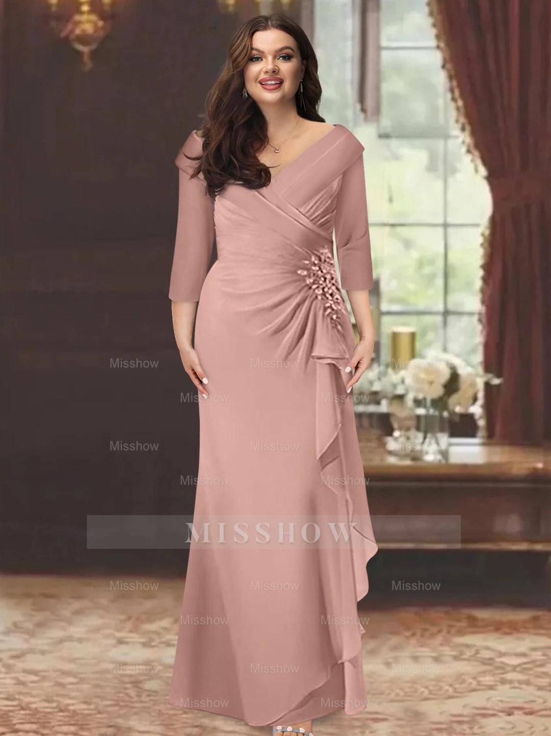 Plus Size Floor-Length V-Neck Sheath Mother of the Bride Dress with Ruffles and Appliques