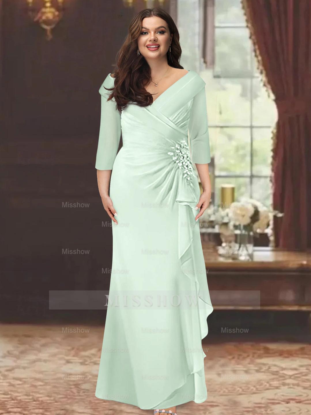Plus Size Floor-Length V-Neck Sheath Mother of the Bride Dress with Ruffles and Appliques