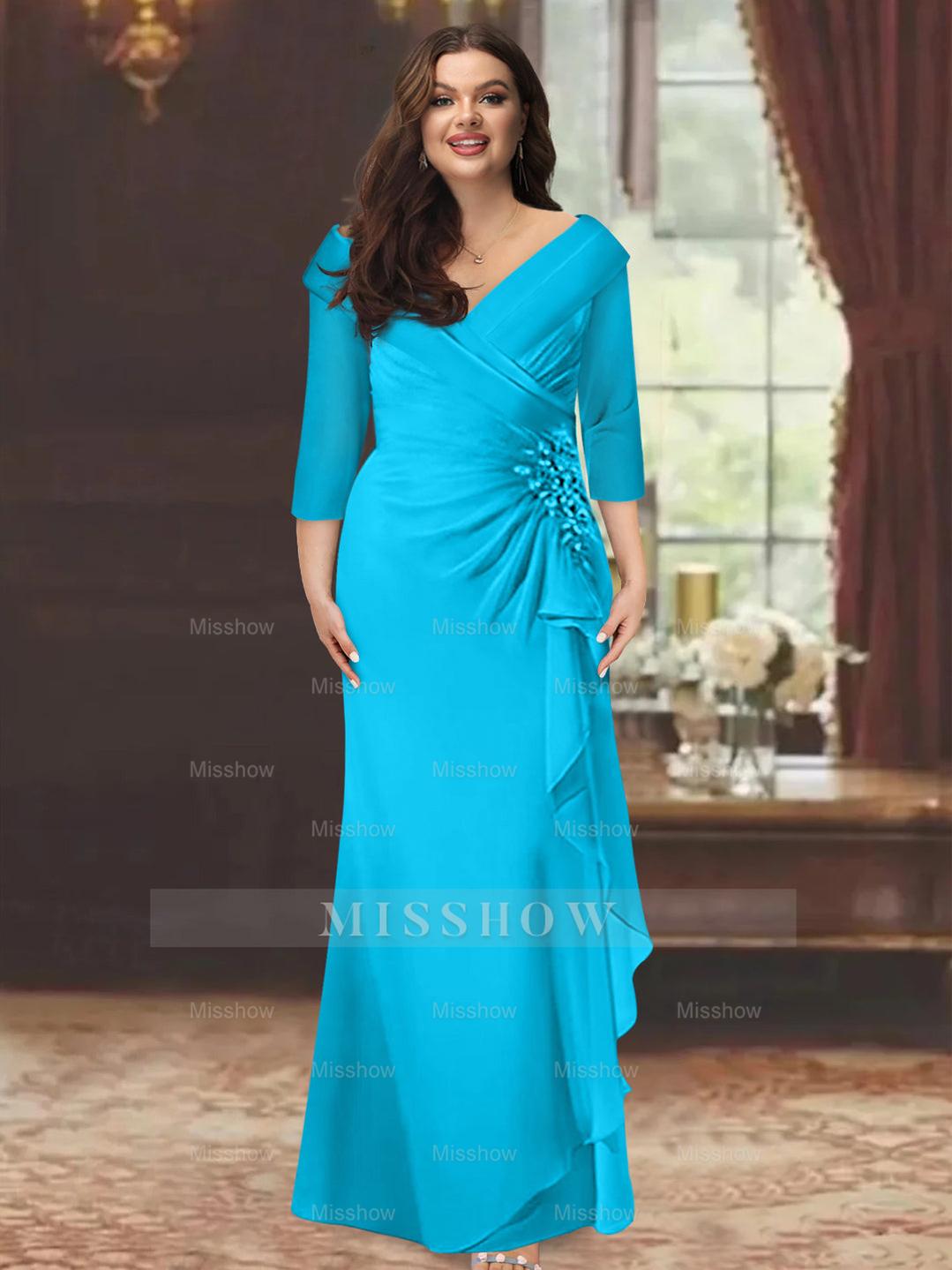 Plus Size Floor-Length V-Neck Sheath Mother of the Bride Dress with Ruffles and Appliques