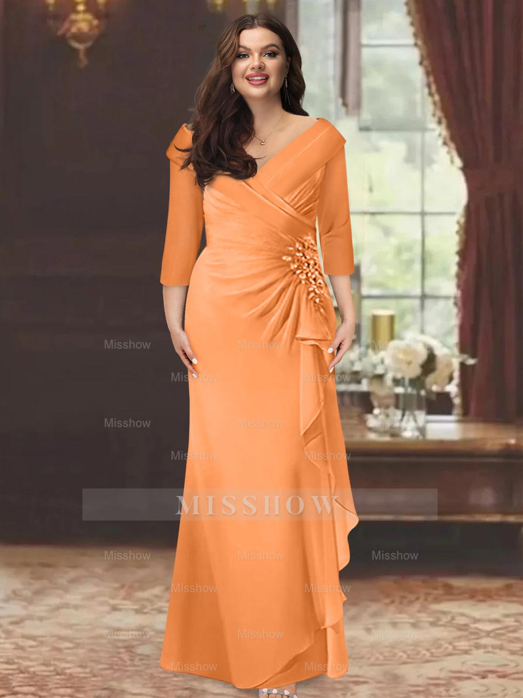 Plus Size Floor-Length V-Neck Sheath Mother of the Bride Dress with Ruffles and Appliques