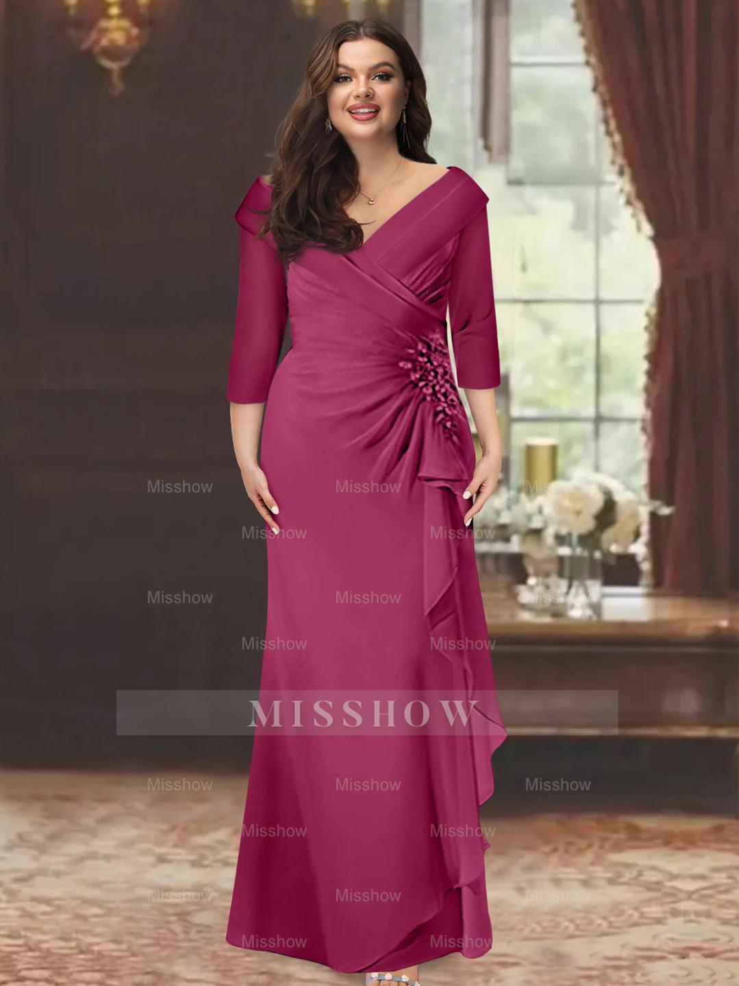Plus Size Floor-Length V-Neck Sheath Mother of the Bride Dress with Ruffles and Appliques
