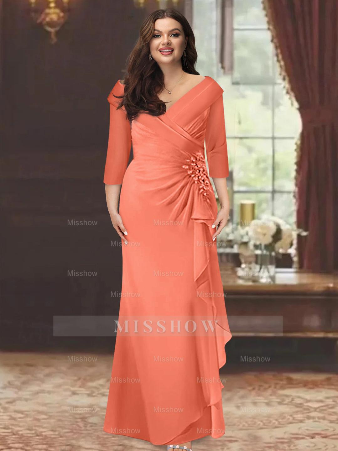 Plus Size Floor-Length V-Neck Sheath Mother of the Bride Dress with Ruffles and Appliques