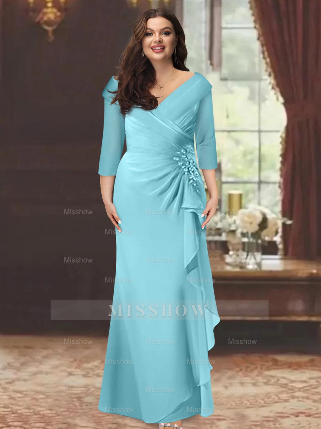 Plus Size Floor-Length V-Neck Sheath Mother of the Bride Dress with Ruffles and Appliques