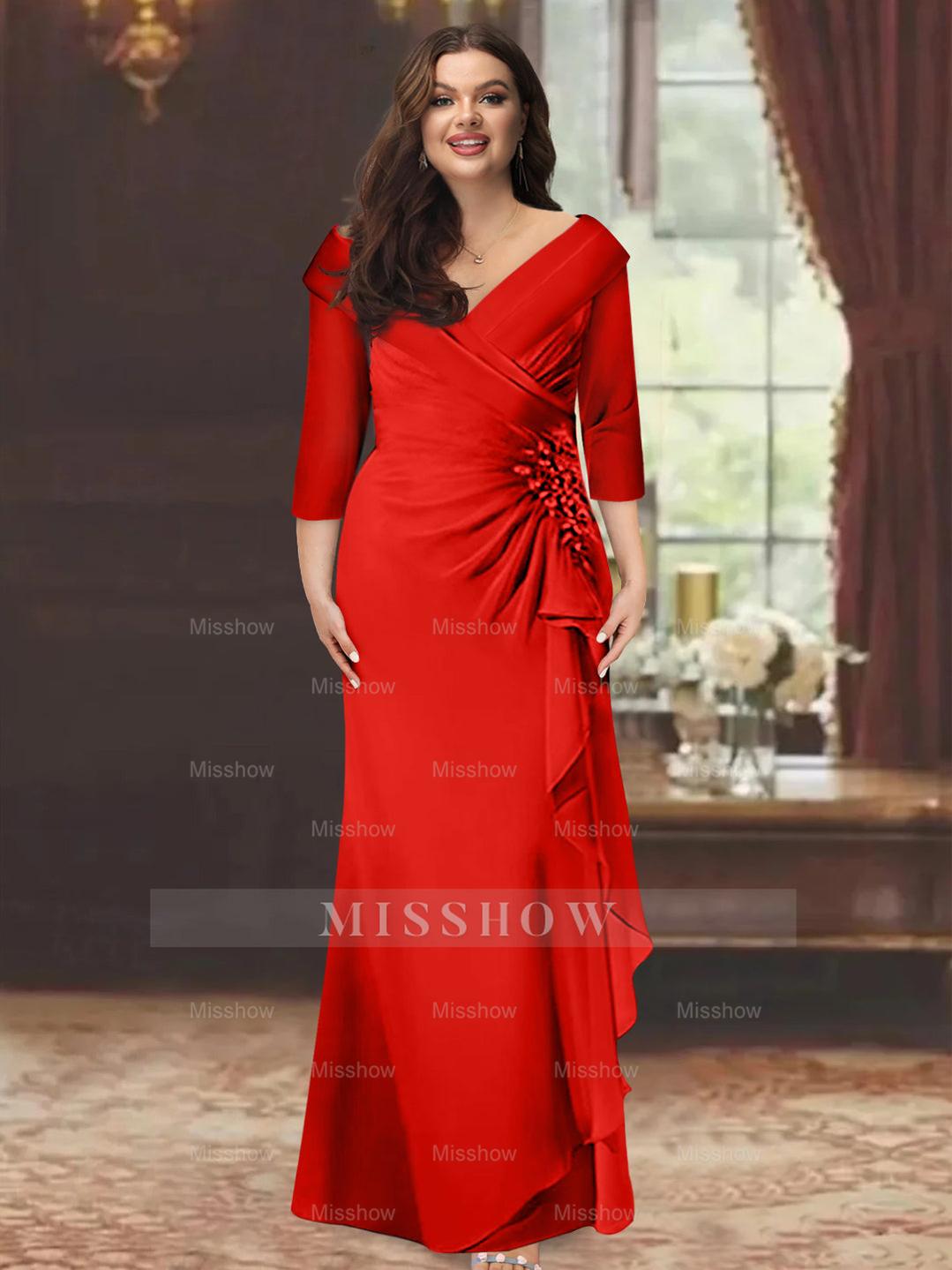 Plus Size Floor-Length V-Neck Sheath Mother of the Bride Dress with Ruffles and Appliques