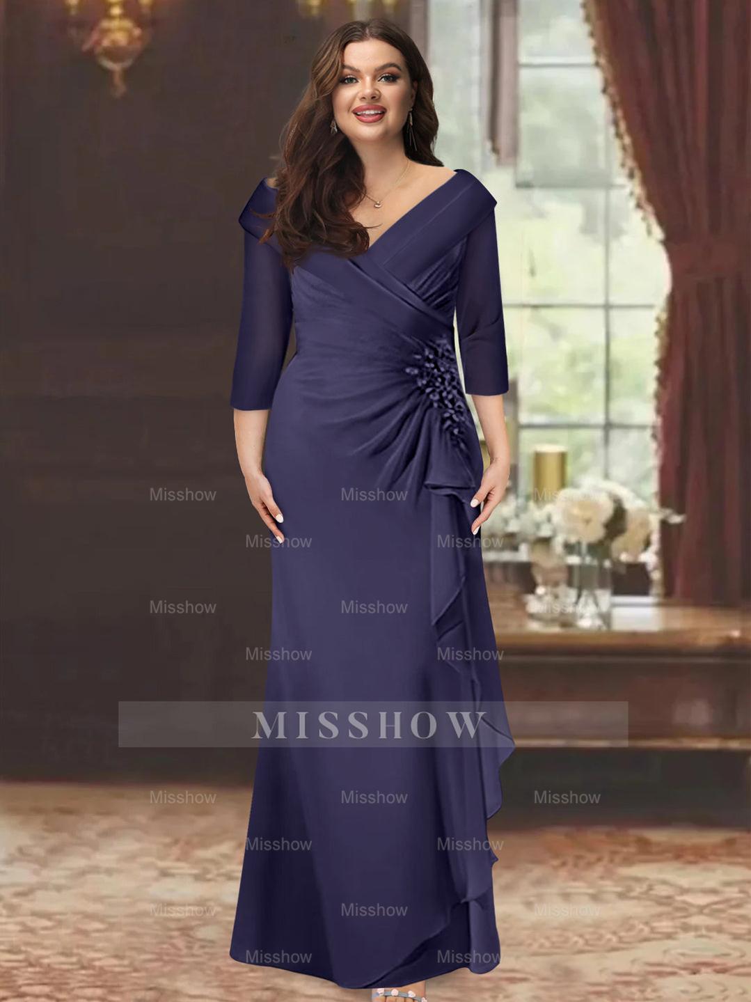 Plus Size Floor-Length V-Neck Sheath Mother of the Bride Dress with Ruffles and Appliques