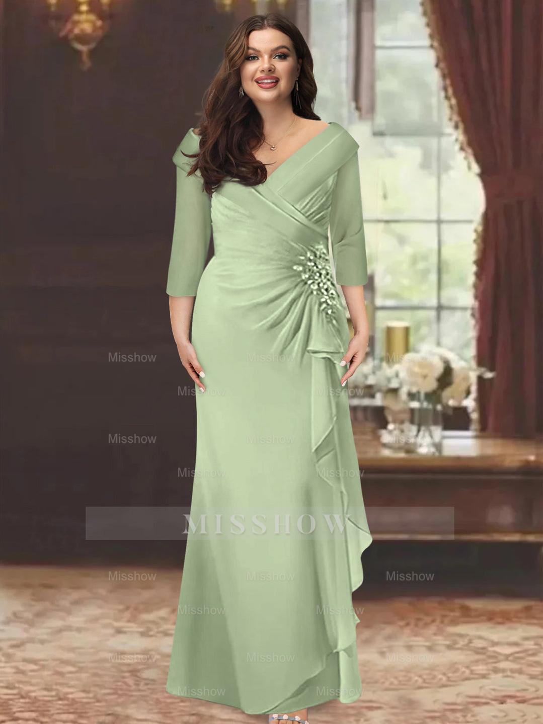 Plus Size Floor-Length V-Neck Sheath Mother of the Bride Dress with Ruffles and Appliques