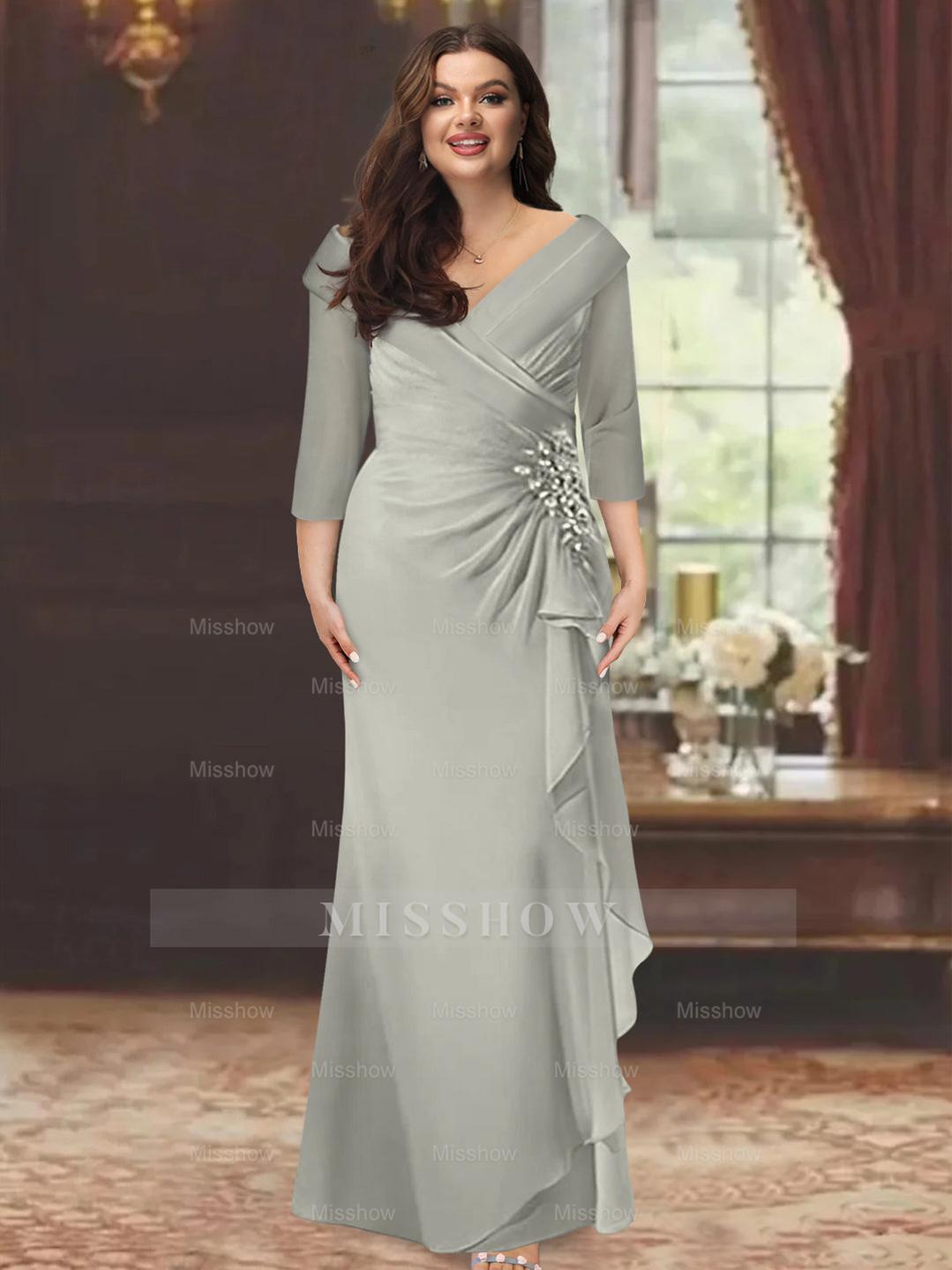 Plus Size Floor-Length V-Neck Sheath Mother of the Bride Dress with Ruffles and Appliques
