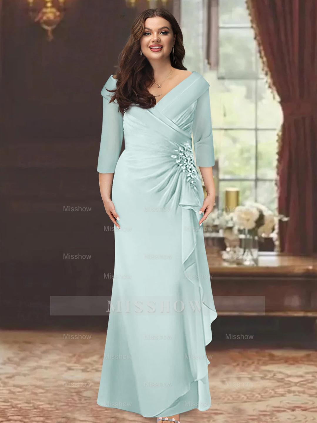 Plus Size Floor-Length V-Neck Sheath Mother of the Bride Dress with Ruffles and Appliques
