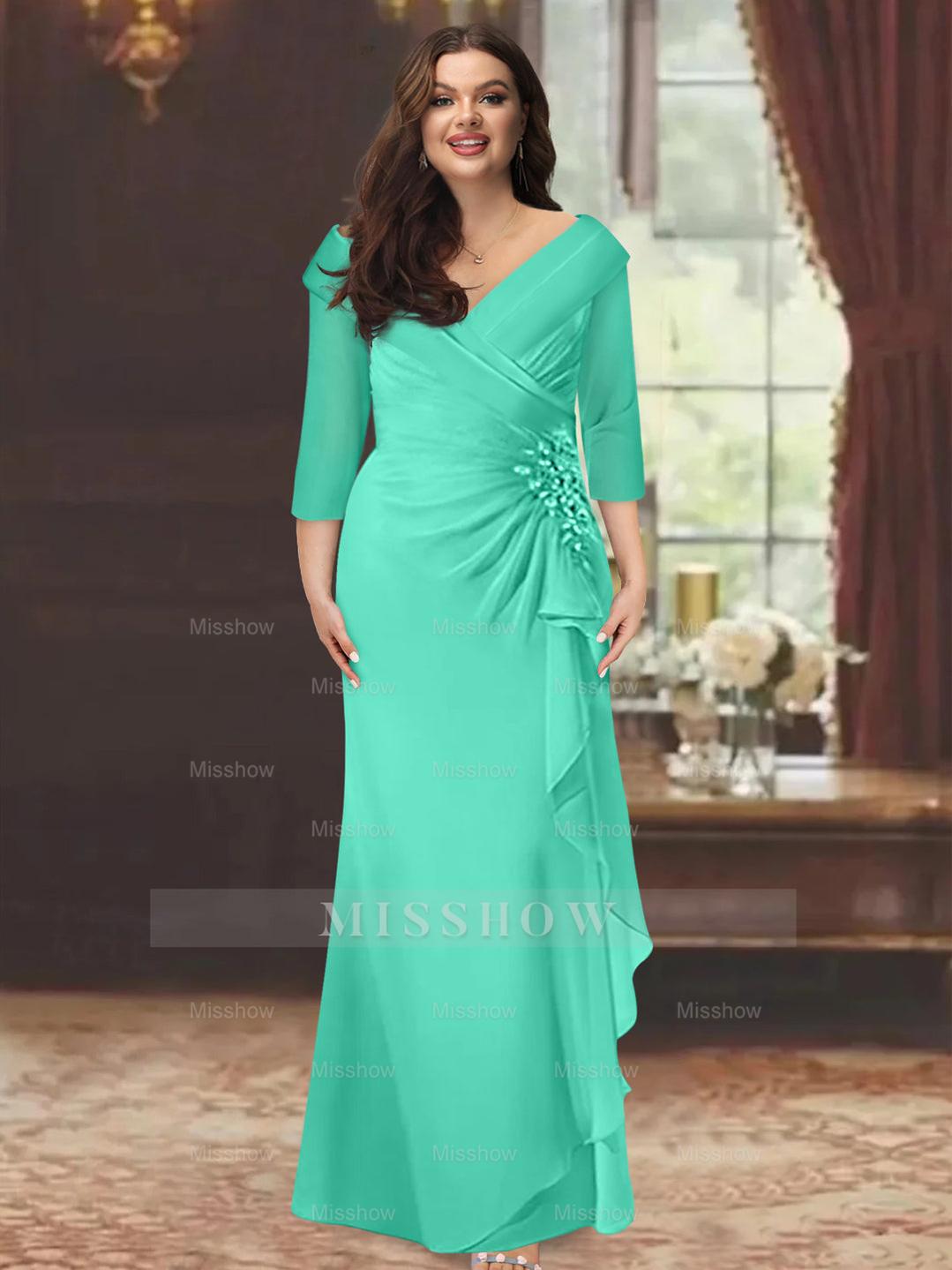 Plus Size Floor-Length V-Neck Sheath Mother of the Bride Dress with Ruffles and Appliques