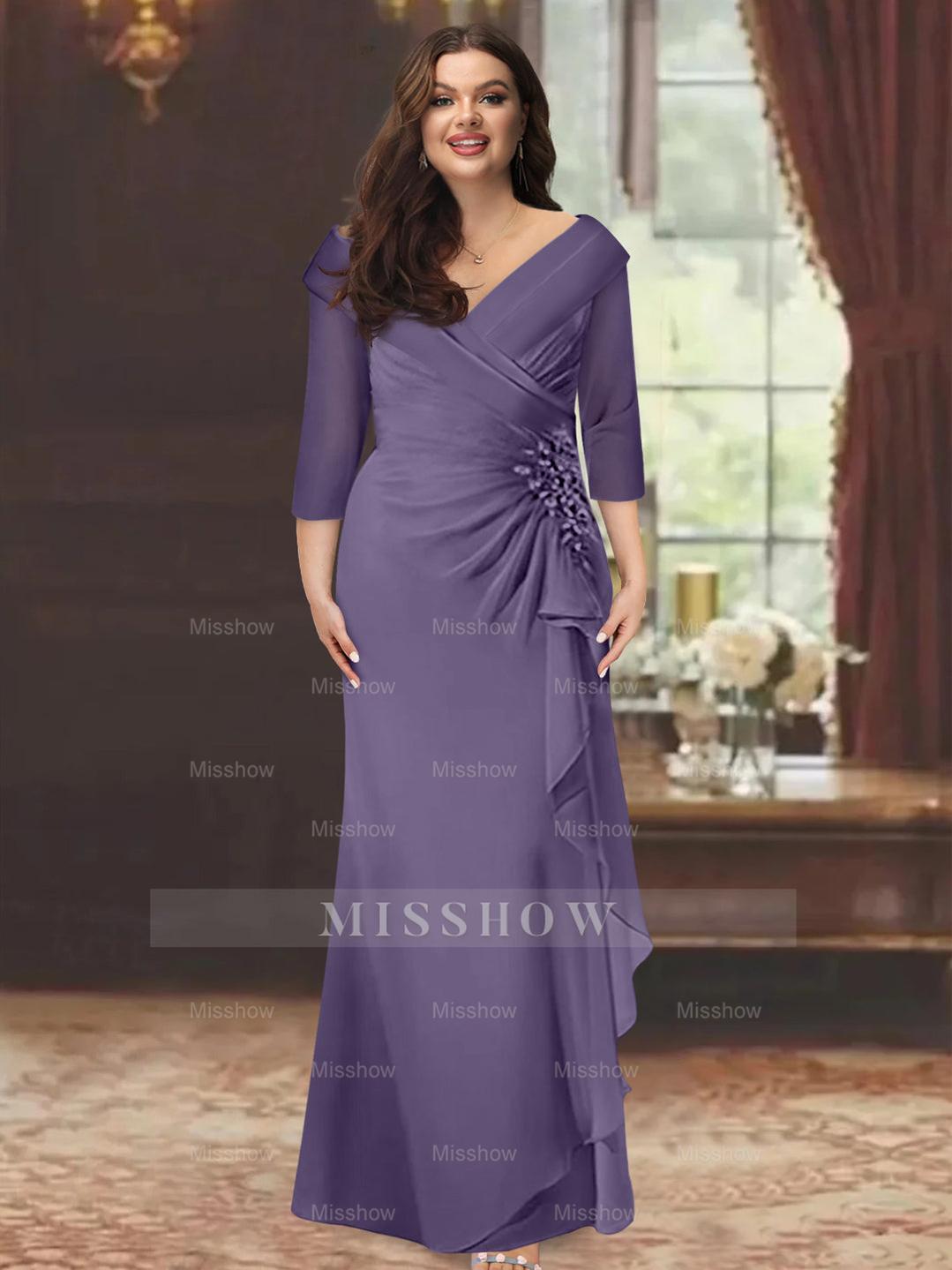 Plus Size Floor-Length V-Neck Sheath Mother of the Bride Dress with Ruffles and Appliques