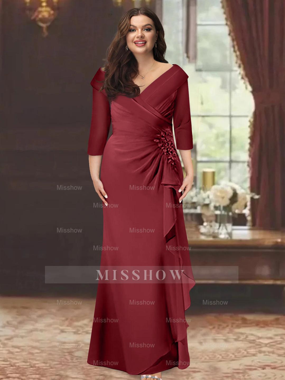 Plus Size Floor-Length V-Neck Sheath Mother of the Bride Dress with Ruffles and Appliques