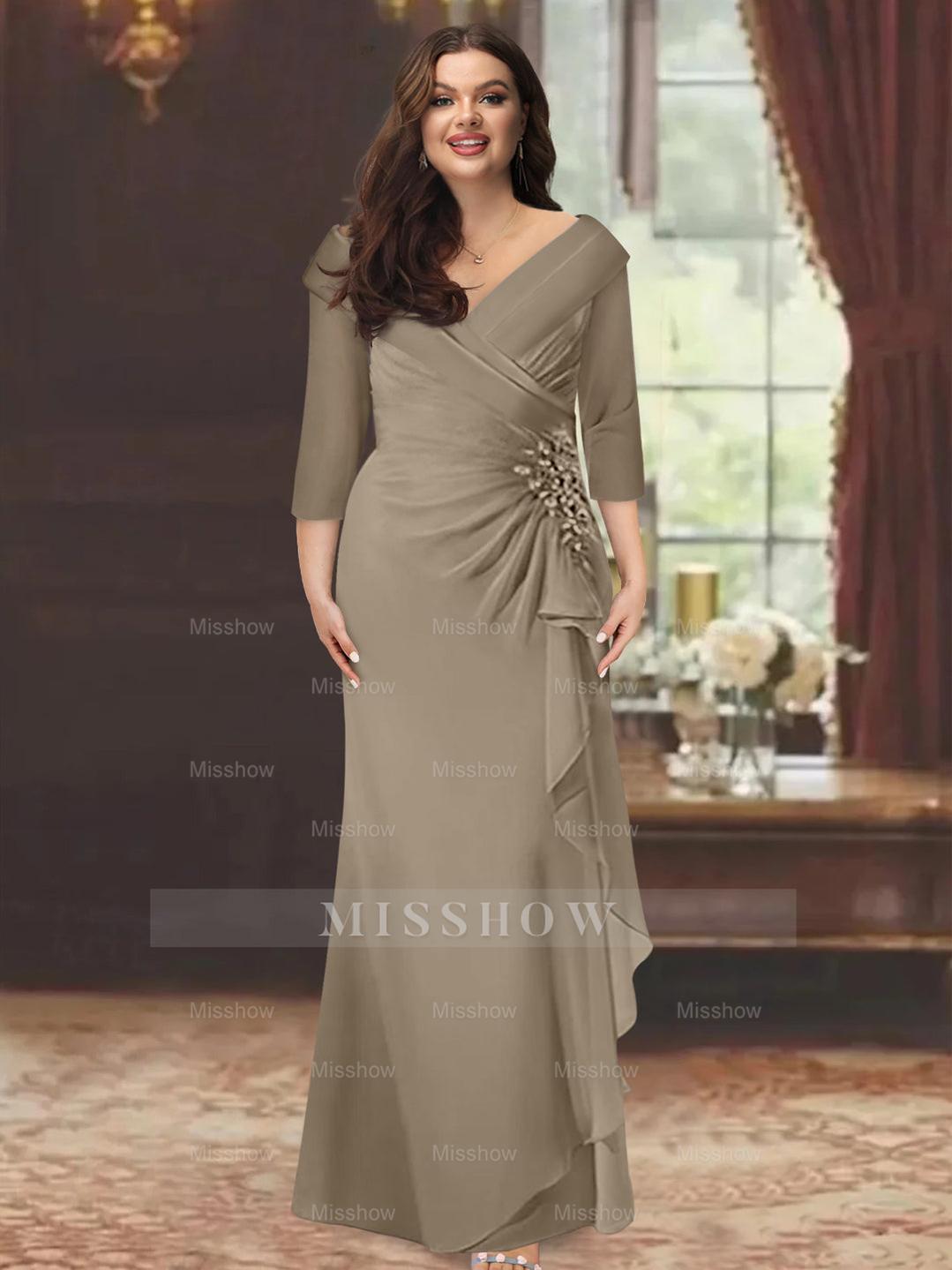Plus Size Floor-Length V-Neck Sheath Mother of the Bride Dress with Ruffles and Appliques