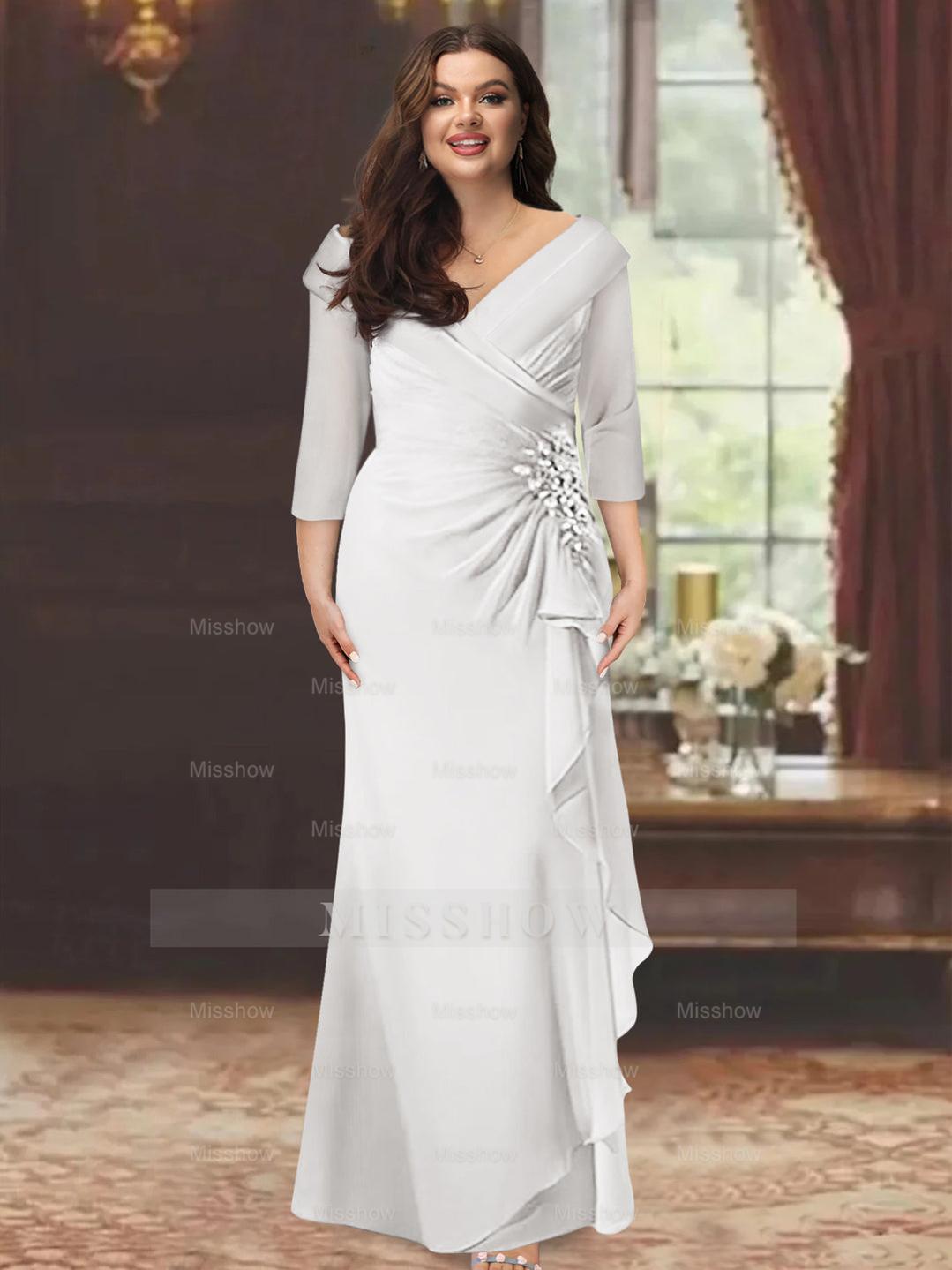 Plus Size Floor-Length V-Neck Sheath Mother of the Bride Dress with Ruffles and Appliques