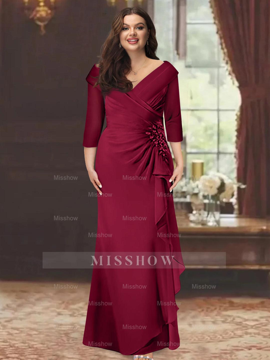 Plus Size Floor-Length V-Neck Sheath Mother of the Bride Dress with Ruffles and Appliques