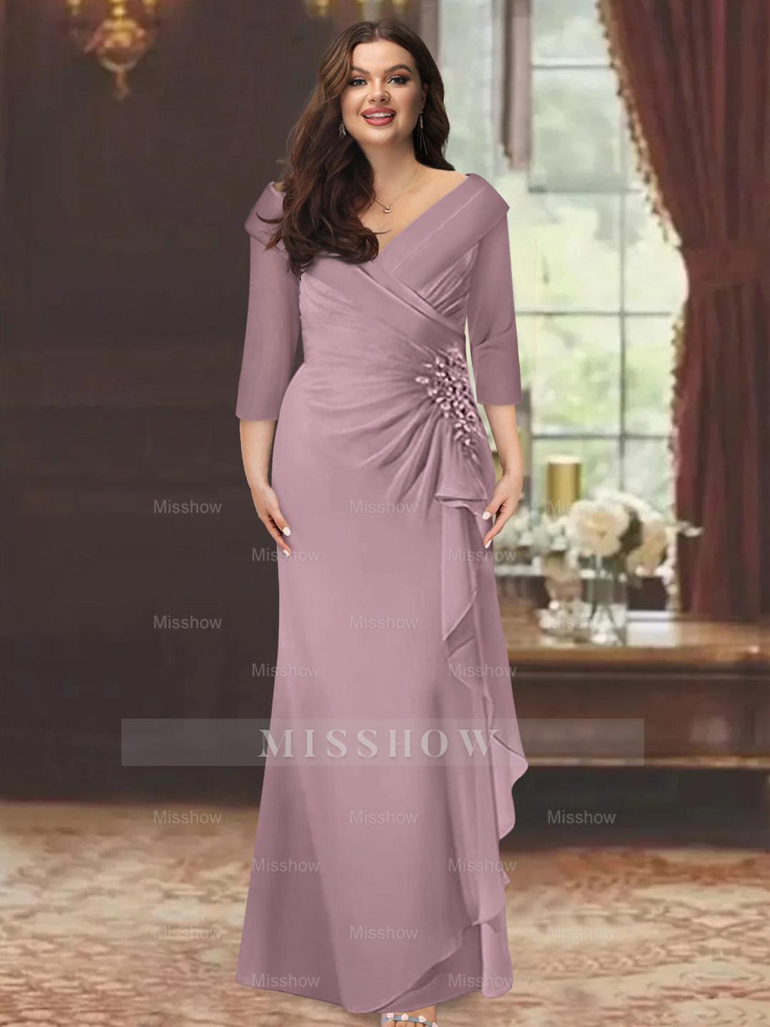 Plus Size Floor-Length V-Neck Sheath Mother of the Bride Dress with Ruffles and Appliques