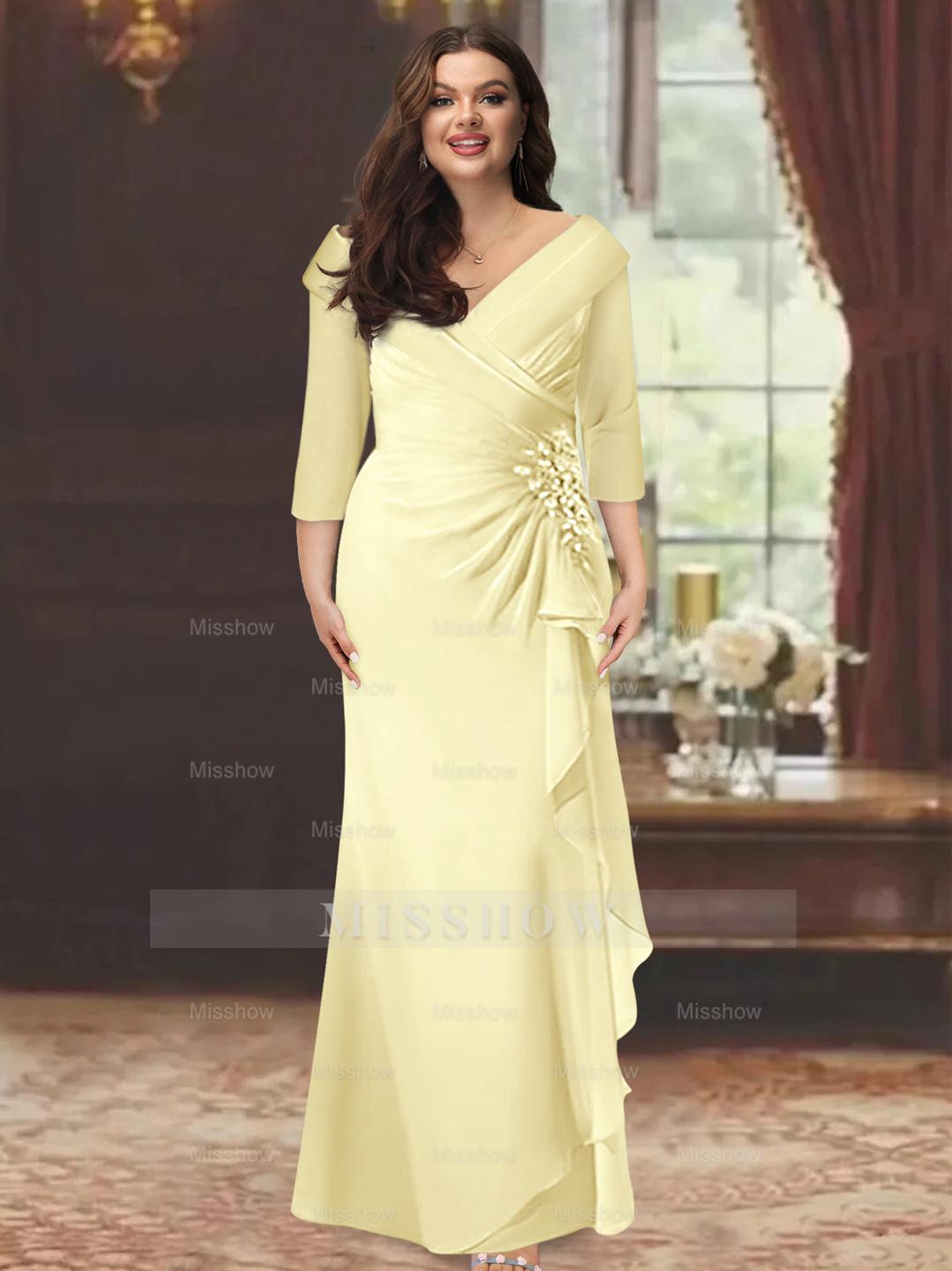 Plus Size Floor-Length V-Neck Sheath Mother of the Bride Dress with Ruffles and Appliques