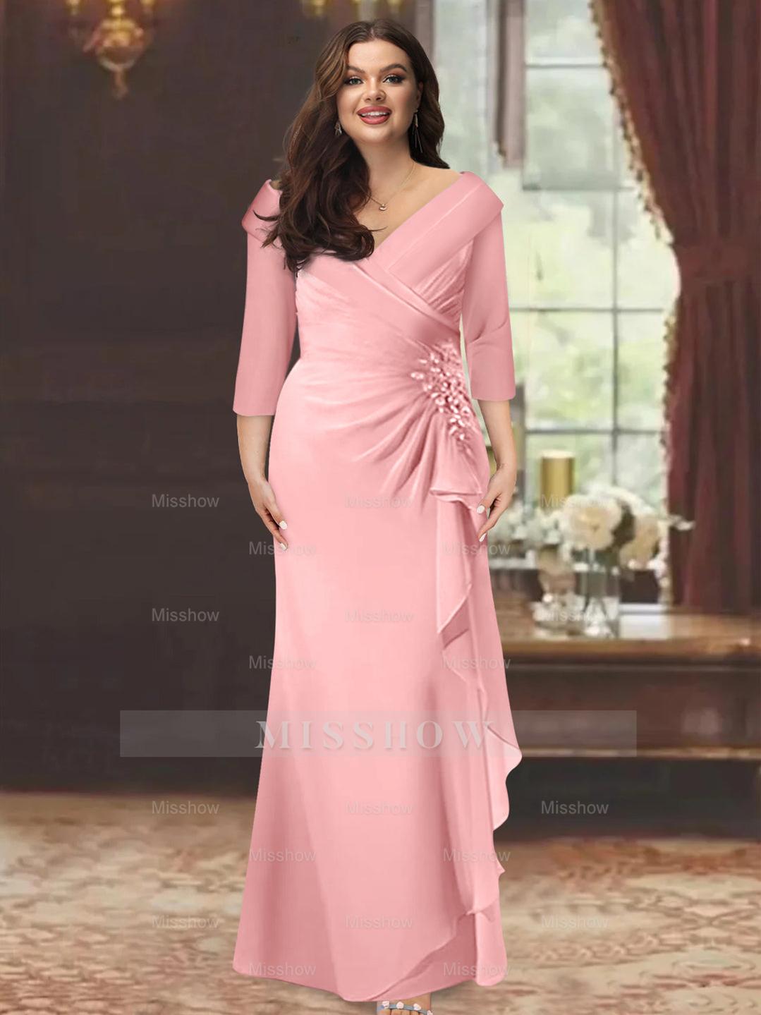 Plus Size Floor-Length V-Neck Sheath Mother of the Bride Dress with Ruffles and Appliques