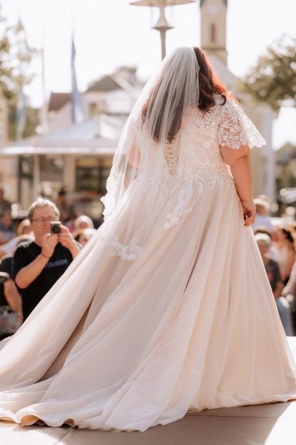 Plus Size Ivory A-Line Wedding Dress V Neck Short Lace Sleeves 3D Floral Cathedral Train | Misshow misshow.com Plus Size Ivory A-Line Wedding Dress V Neck Short Lace Sleeves 3D Floral Cathedral Train | Misshow misshow.com