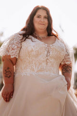 Plus Size Ivory A-Line Wedding Dress V Neck Short Lace Sleeves 3D Floral Embroidery Bridal Gown with Cathedral Train