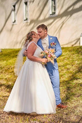 Plus Size Ivory A-Line Wedding Dress V Neck Wide Strap Lace Floral Bodice Crystal Belt Tulle Bridal Gown