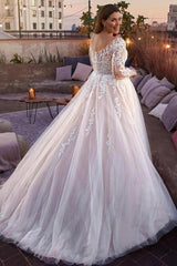 Plus Size Ivory Ball Gown Wedding Dress Illusion V Neck Long Sheer Lace Sleeves Leaf Floral Applique Tulle Romantic Bridal Gown