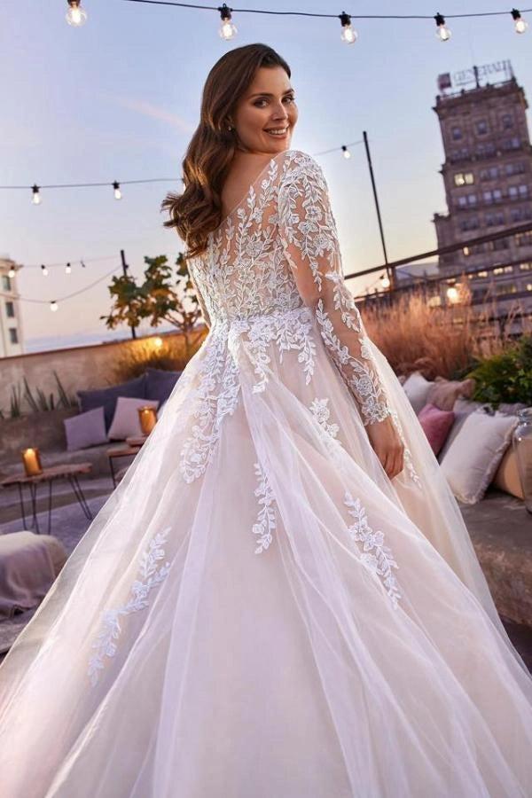 Plus Size Ivory Ball Gown Wedding Dress Illusion V Neck Long Sheer Lace Sleeves Leaf Floral Applique Tulle Romantic Bridal Gown