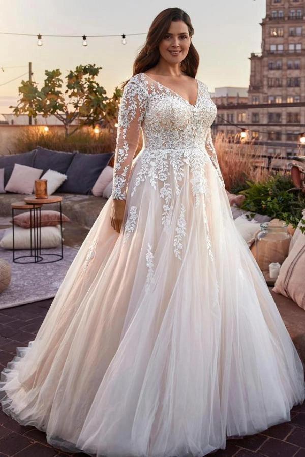 Plus Size Ivory Ball Gown Wedding Dress Illusion V Neck Long Sheer Lace Sleeves Leaf Floral Applique Tulle Romantic Bridal Gown