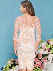 Plus Size Knee-Length Mother of the Bride Dress with Lace Beading Appliques and Long Sleeves